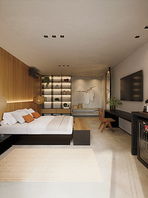 Quarto com cama de casal, cabeceira em madeira, iluminação indireta, tapete claro, bancada com TV, frigobar embutido, cafeteira, espelho vertical, prateleiras decorativas iluminadas e área de apoio com banco e cabideiro no Salg Patacho Exclusive Resort.